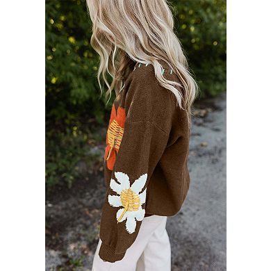 Big Flower Pattern V Neck Drop Shoulder Sweater