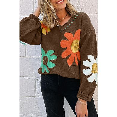 Big Flower Pattern V Neck Drop Shoulder Sweater