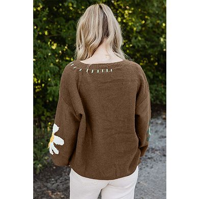 Big Flower Pattern V Neck Drop Shoulder Sweater