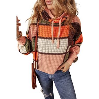 Color Block Waffle Knit Drawstring Mock Neck Sweater