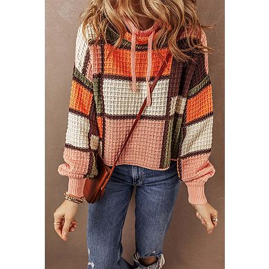 Color Block Waffle Knit Drawstring Mock Neck Sweater