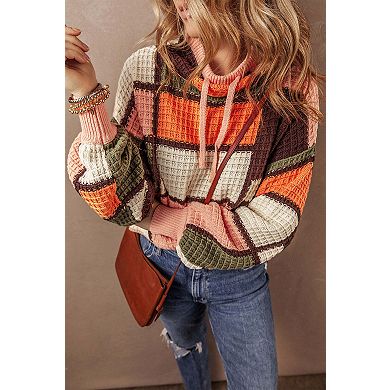 Color Block Waffle Knit Drawstring Mock Neck Sweater