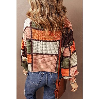 Color Block Waffle Knit Drawstring Mock Neck Sweater