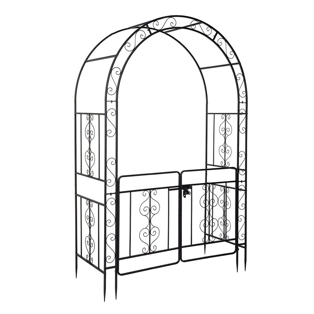 Garden Arbor Arch Trellis with Gate Double Layer Roof for Patio Pathway