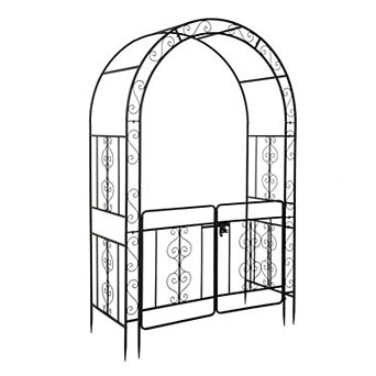 Garden Arbor Arch Trellis with Gate Double Layer Roof for Patio Pathway