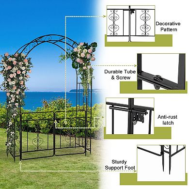 Garden Arbor Arch Trellis with Gate Double Layer Roof for Patio Pathway