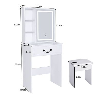 Vanity Desk with LED Mirror and Stool 3 Light Makeup Table Storage Shelves For Bedroom