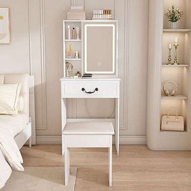 Vanity Desk with LED Mirror and Stool 3 Light Makeup Table Storage Shelves For Bedroom