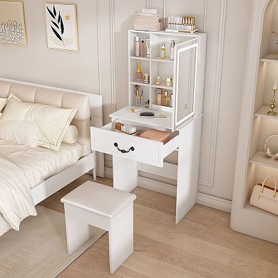 Vanity Desk with LED Mirror and Stool 3 Light Makeup Table Storage Shelves For Bedroom