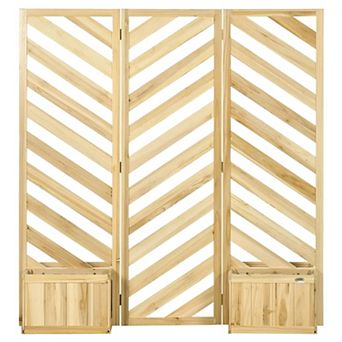 Freestanding Fir Wood Privacy Screen with Trellis Panels and Corner Planters