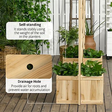 Freestanding Fir Wood Privacy Screen with Trellis Panels and Corner Planters