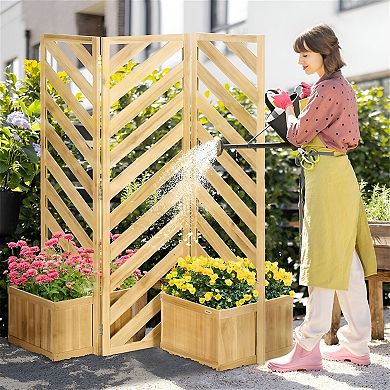 Freestanding Fir Wood Privacy Screen with Trellis Panels and Corner Planters