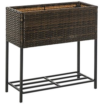 PE Rattan Raised Garden Planter with Tool Shelf for Patio or Balcony