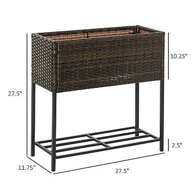 PE Rattan Raised Garden Planter with Tool Shelf for Patio or Balcony