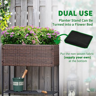 PE Rattan Raised Garden Planter with Tool Shelf for Patio or Balcony