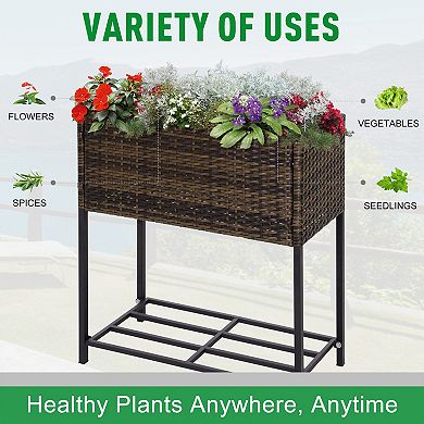 PE Rattan Raised Garden Planter with Tool Shelf for Patio or Balcony