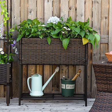 PE Rattan Raised Garden Planter with Tool Shelf for Patio or Balcony