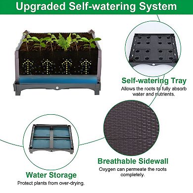Self Watering Rectangular Raised Garden Bed Planter with Dual Reservoir Trays