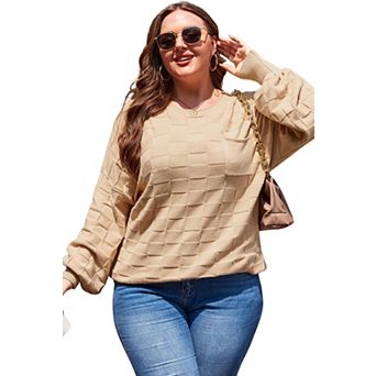 Solid Checkered Textured Knit Plus Size Sweater