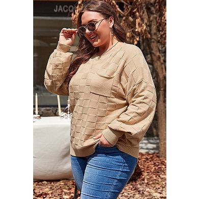 Solid Checkered Textured Knit Plus Size Sweater
