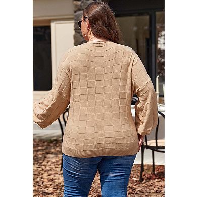 Solid Checkered Textured Knit Plus Size Sweater