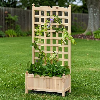 Raised Wooden Planter with Back Trellis for Vegetables, Herbs, and Flowers