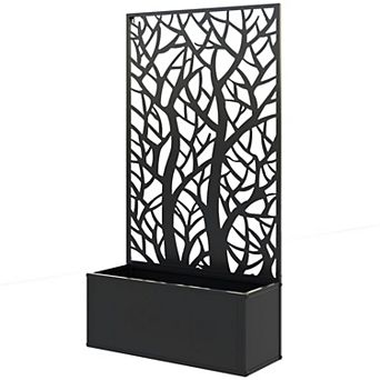 Metal Raised Planter Box with Tree Cut-Out Trellis Panel for Patio Balcony