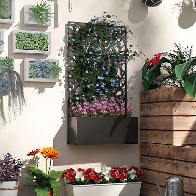 Metal Raised Planter Box with Tree Cut-Out Trellis Panel for Patio Balcony