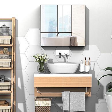 Wall-Mounted Mirror Cabinet with Single Door and 3 Shelves for Bathroom Storage