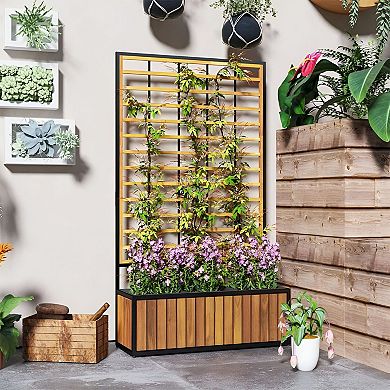 Acacia Wood Vertical Planter with Trellis for Herbs, Flowers, and Small Vegetables