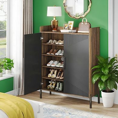29.6-Inch Modern Shoe Rack Cabinet with Doors, Adjustable Shelves - Rustic Brown, Black