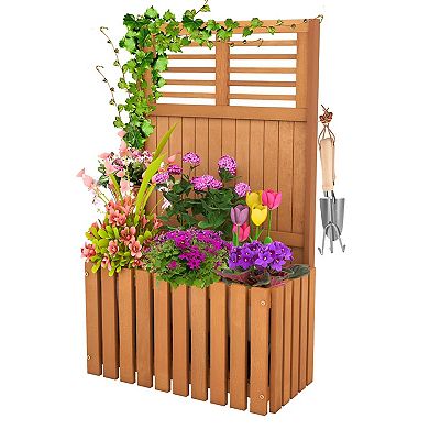 Outdoor Wooden Planter Bed with Privacy Screen and Slatted Drainage Bottom