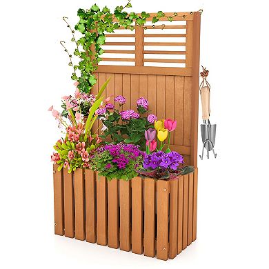 Outdoor Wooden Planter Bed with Privacy Screen and Slatted Drainage Bottom