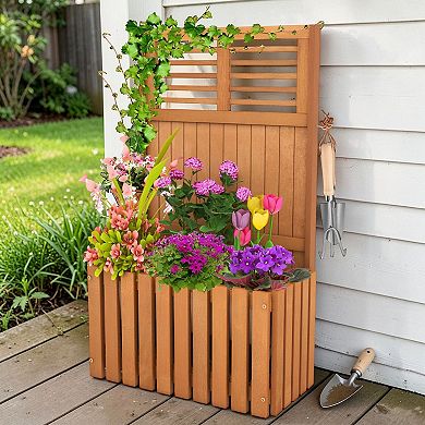 Outdoor Wooden Planter Bed with Privacy Screen and Slatted Drainage Bottom