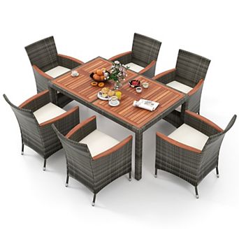 SKONYON 7 pc Patio Acacia Wood and PE Rattan Wicker Dining Set 59" x 35.5" x 29"