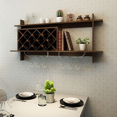 SKONYON Wall Mount Wine Rack with Glass Holder and Storage Shelf for Dining Room