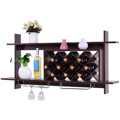 SKONYON Wall Mount Wine Rack with Glass Holder and Storage Shelf for Dining Room