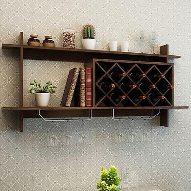 SKONYON Wall Mount Wine Rack with Glass Holder and Storage Shelf for Dining Room