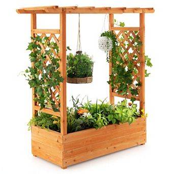 SKONYON Raised Garden Bed with Trellis for Climbing Plants and Hanging Pots 43.5" x 17.5" x 44.5"