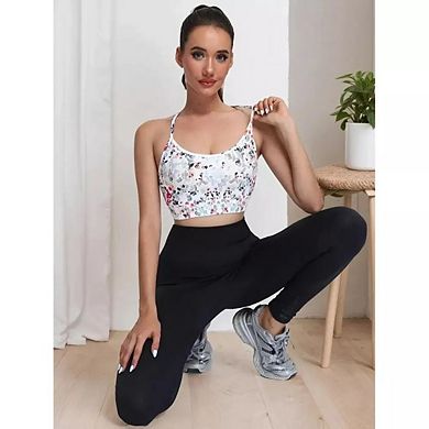 Women's Cross-Back Strap Floral Print Sports Bra for Gym