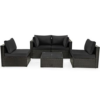 SKONYON 5 pc Cushioned Patio Rattan Furniture Set with Tempered Glass Coffee Table