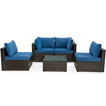SKONYON 5 pc Cushioned Patio Rattan Furniture Set with Tempered Glass Coffee Table