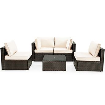 SKONYON 5 pc Cushioned Patio Rattan Furniture Set with Tempered Glass Coffee Table