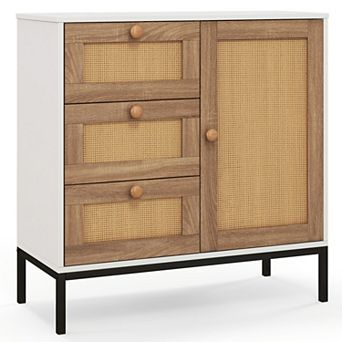 SKONYON Rattan Sideboard Buffet Cabinet with 1 Door and 3 Drawers 31.5" x 14" x 31.5"