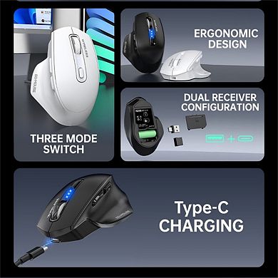 Tri-Mode Wireless Mouse - Type-C/USB Receiver,Wired/2.4G/Bluetooth, LED Battery Display,Rechargeable