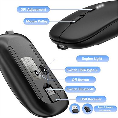 Type-C Silent Bluetooth Mouse - 2.4G/BT Dual Mode, LED Battery Display,Wireless Charging,Quiet Click