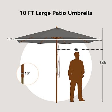10 Feet Patio Umbrella with 8 Wooden Ribs and 3 Adjustable Heights
