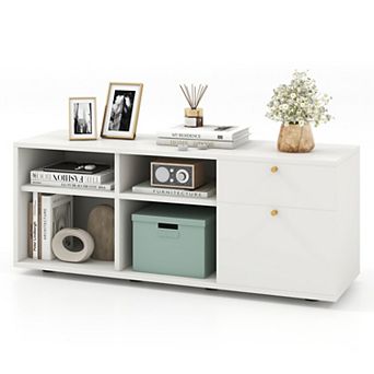 SKONYON Storage Cabinet TV Console with 2 Drawers and 4 Cubes for Entryway Living Room