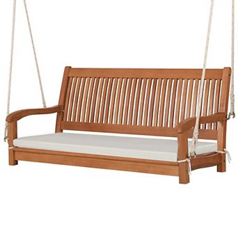 SKONYON 2-Person Hanging Porch Swing Eucalyptus Wood Bench with Cushion and Curved Back