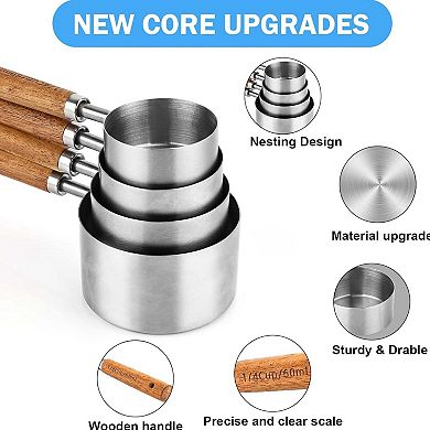Wooden Handle Kitchen & Pet Food Measuring Cup set of 4